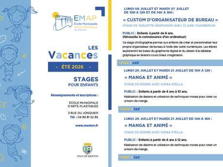 Stages d'été 2026 Ecole municipale d'arts plastiques de Menton