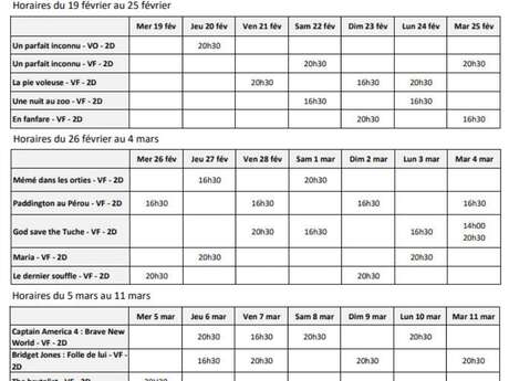 Programme du cinéma Le Montcelet du 19 février au 11 mars