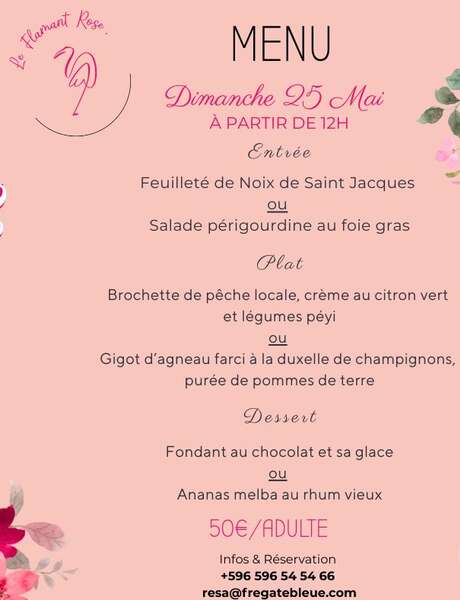 Menu de la fête des Mères (Le Flamant Rose - Hôtel Frégate Bleue ***)