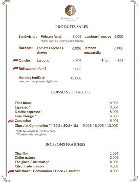 Carte du moment (Pâtisserie Hery)