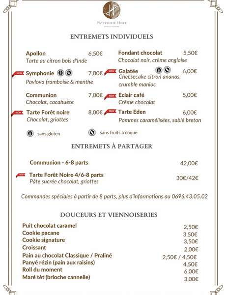Carte du moment (Pâtisserie Hery)
