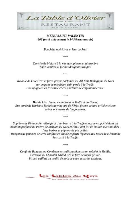 MENU SAINT VALENTIN À LA TABLE D'OLIVIER MENU SAINT VALENTIN À LA TABLE D'OLIVIER