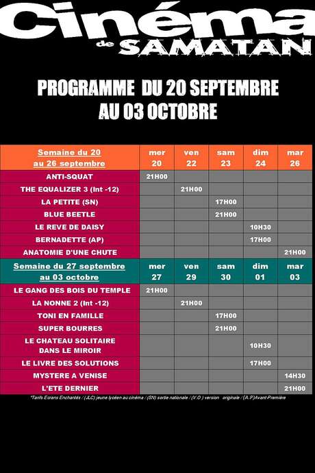 PROGRAMME DU CINÉMA DU 20 SEPTEMBRE  AU  03 OCTOBRE