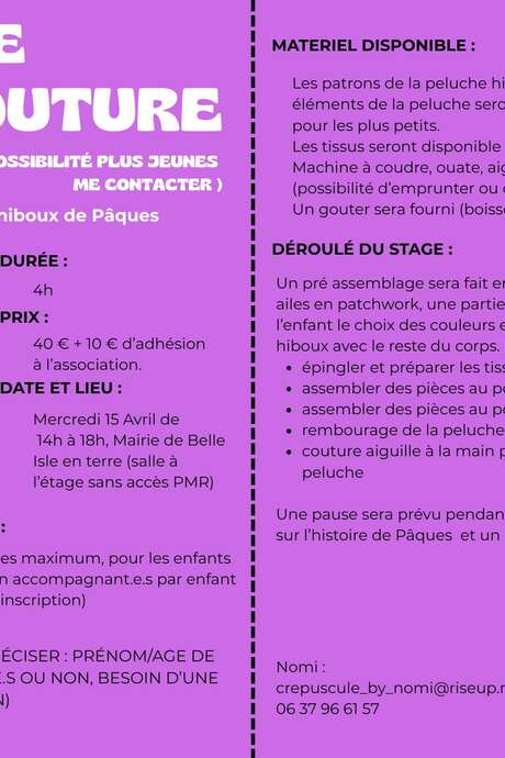 Stage couture enfants : coudre une peluche hibou de Pâques