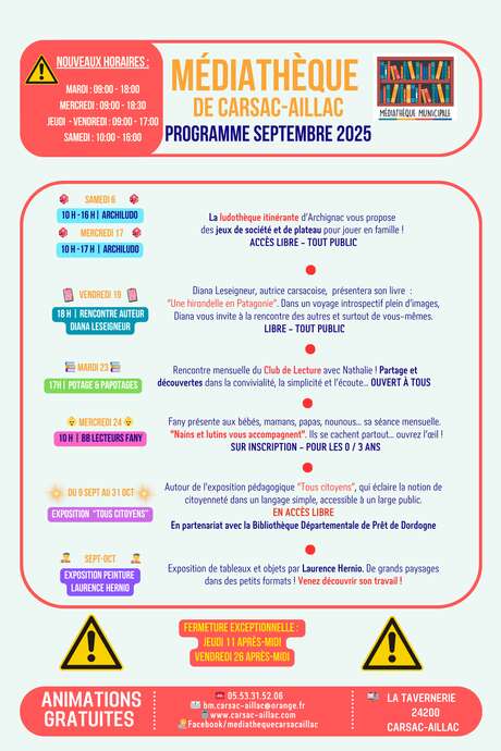 Médiathèque de Carsac Aillac programme septembre 2025