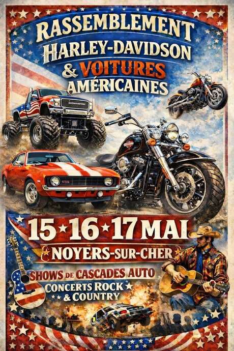 Rassemblement Harley Davidson et voitures américaines