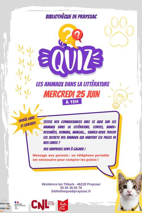 Quiz à la bibliothèque de Prayssac: Les animaux dans la littérature