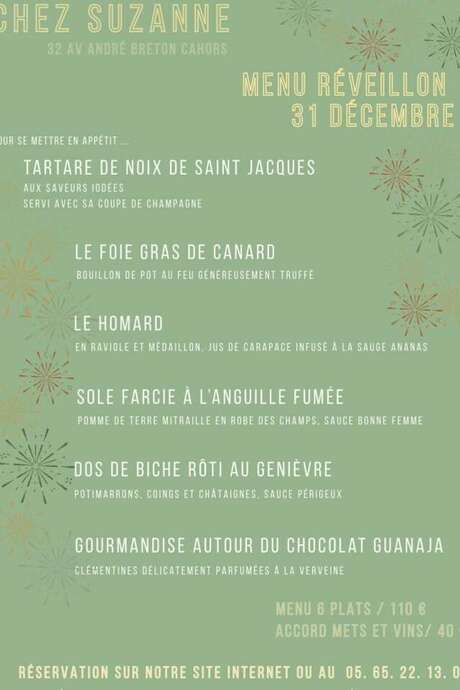 Menu du réveillon de la Saint-Sylvestre au restaurant Chez Suzanne