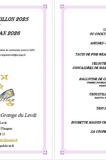 Menu de reveillon à la Grange du Levat