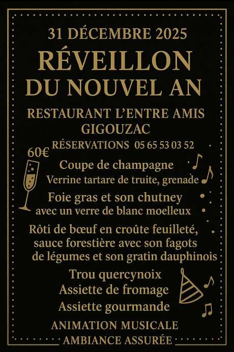 Menu de réveillon au restaurant l'Entre Amis