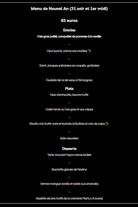 Menu du Réveillon et du Nouvel An  à la Petite Auberge