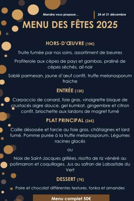 Menu de fêtes à emporter à Mandra Roulotte Fumante