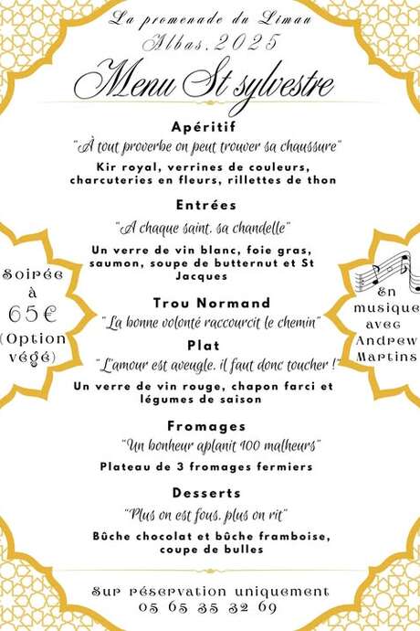 Menu de la Saint-Sylvestre au restaurant la Promenade du Limau