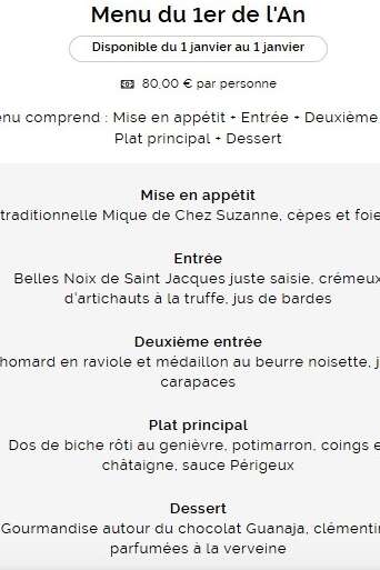 Menu du premier de l'an au restaurant Chez Suzanne