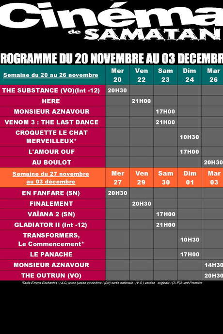 PROGRAMME DU CINÉMA DU 20 NOVEMBRE AU 3 DÉCEMBRE