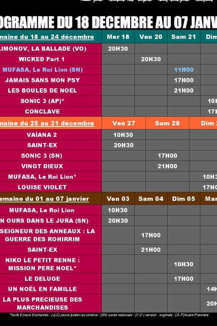 PROGRAMME DU CINÉMA DU 18 DÉCEMBRE  AU 7 JANVIER