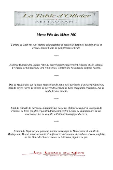 MENU FÊTES DES MÈRES À LA TABLE D'OLIVIER