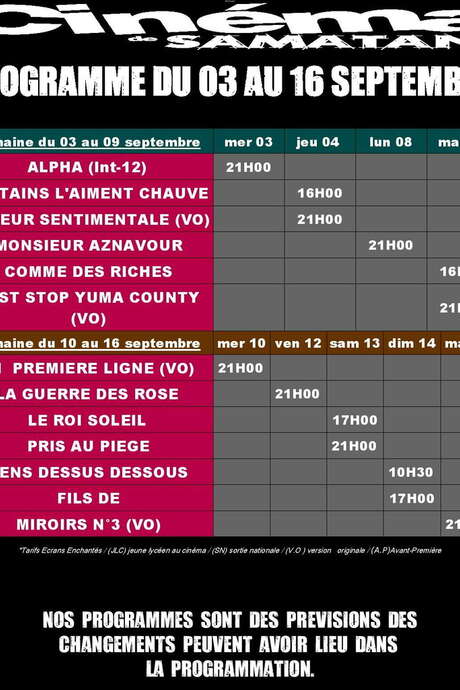 PROGRAMME DU CINÉMA DU 3 AU 16 SEPTEMBRE
