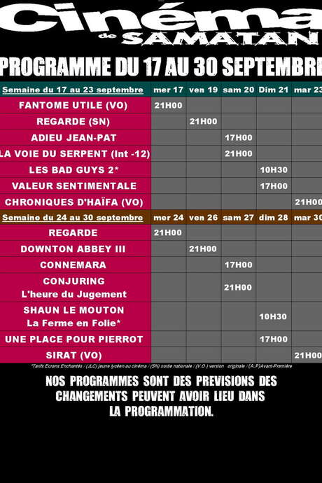 PROGRAMME DU CINÉMA DU 17 AU 30 SEPTEMBRE