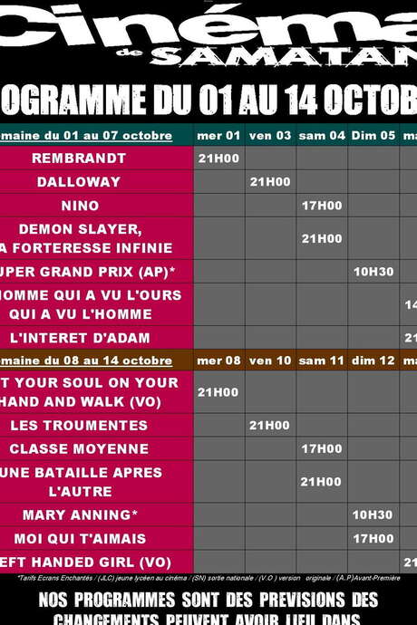 PROGRAMME DU CINÉMA DU 1 AU 14 OCTOBRE