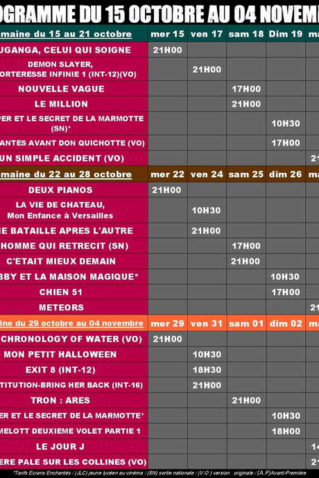 PROGRAMME DU CINÉMA DU 15 OCTOBRE AU 4 NOVEMBRE