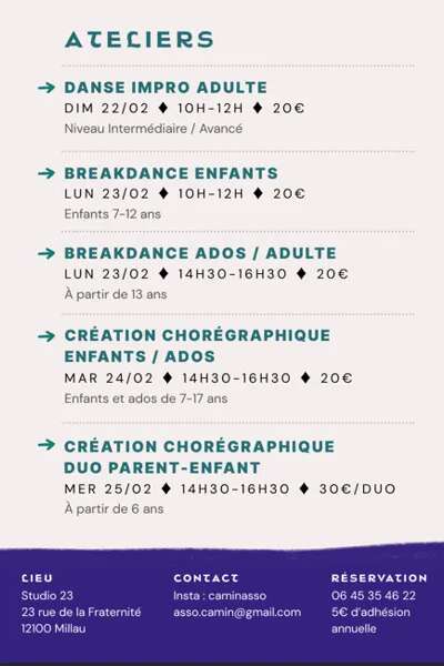 Ateliers danse février pour adultes, ados et enfants - CAMIN