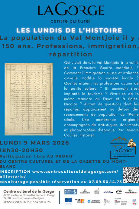 "Les lundis de l'histoire" : la population du Val Montjoie il y a 150 ans. Professions, immigration, répartition - conférence au Centre Culturel de la Gorge