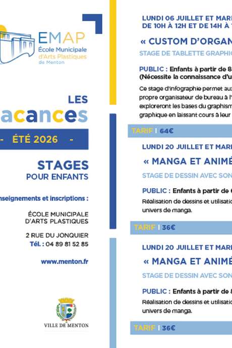 Stages d'été 2026 Ecole municipale d'arts plastiques de Menton
