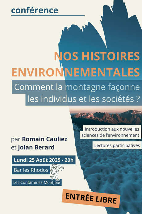 Conférence "Nos histoires environnementales - Comment la montagne façonne les individus et la société ?'" par Jolan Bérard et Romain Cauliez, au bar Les Rhodos