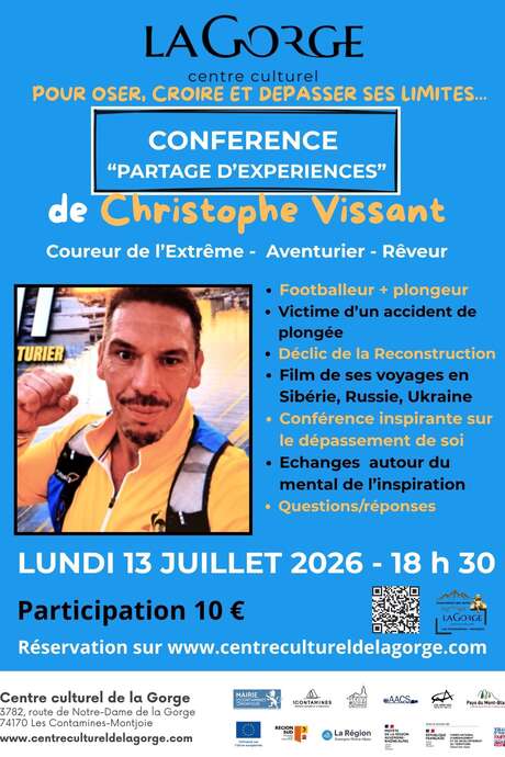 Conférence "Partage d'expériences" de Christophe Vissant - Coureur de l'extême et aventurier  au Centre Culturel de la Gorge
