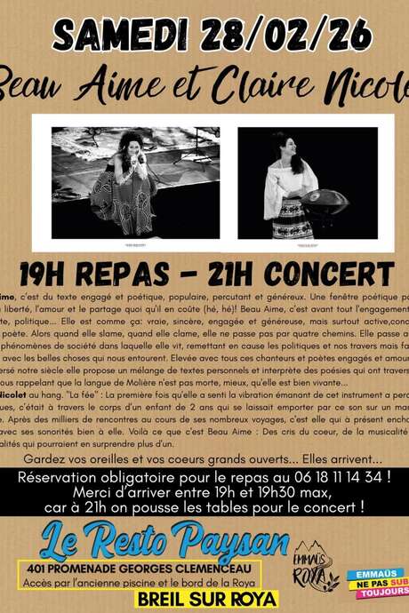 resto paysan : repas-concert Beau Aime et ClaireNicolet
