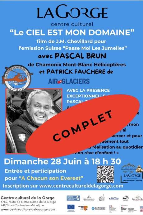 COMPLET - Projection du film "Le ciel est mon domaine" de Jean-Marc Chevillard, présenté par Pascal Brun de CMBH  au Centre Culturel de la Gorge