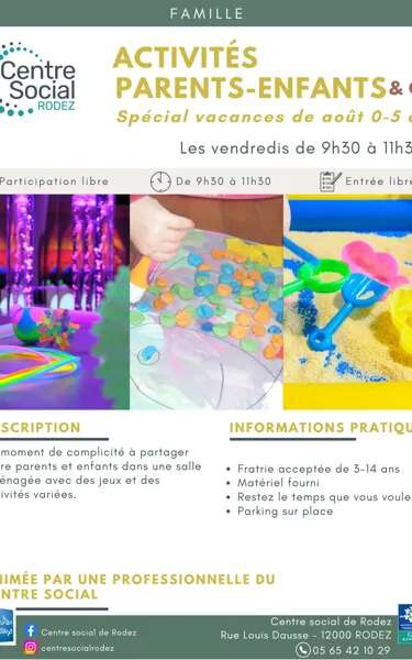Activités Parents Enfants 0-5 ans en août avec le Centre social de Rodez