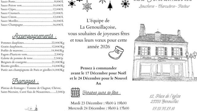 Menus des fêtes de fins d'année à emporter de la Boucherie La Genouillacoise