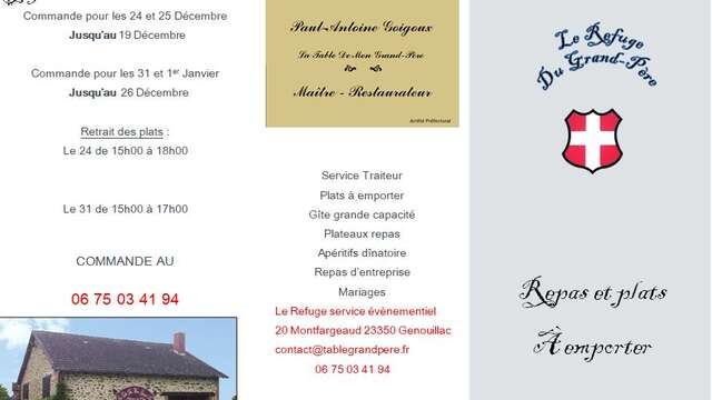 Menus et plats des fêtes de fins d'année à emporter du refuge du Grand Pere