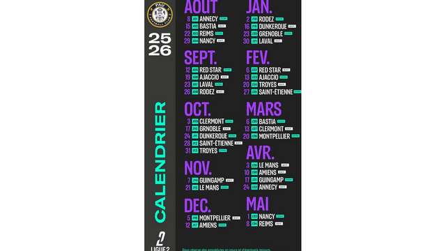 Football - Calendrier PAU FC Ligue2 BKT - saison 2025-2026