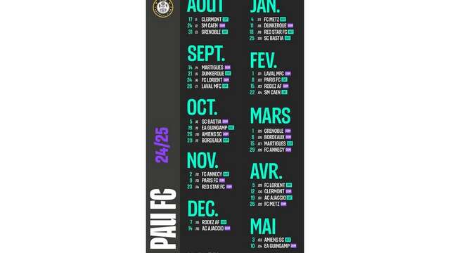 Football - Calendrier PAU FC Ligue2 BKT - saison 2024-2025