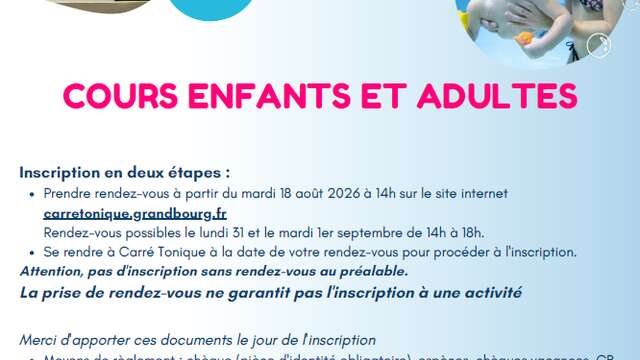 Ouverture de la prise de rendez-vous pour les inscriptions aux cours de natation à Carré Tonique
