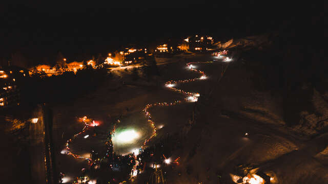 Lantern-lit descent followed by fireworks