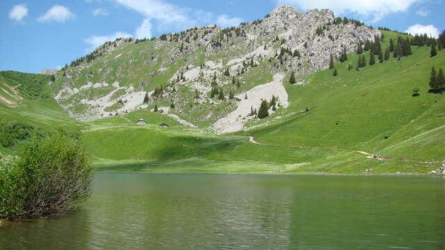 Le col et le lac d'Arvouin depuis le haut de la télécabine de la Panthiaz