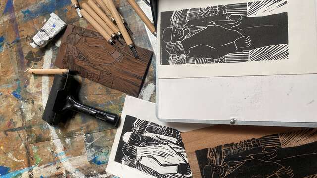 Atelier linogravure avec Laetitia Gaudefroy Colombot et Maud Leroy