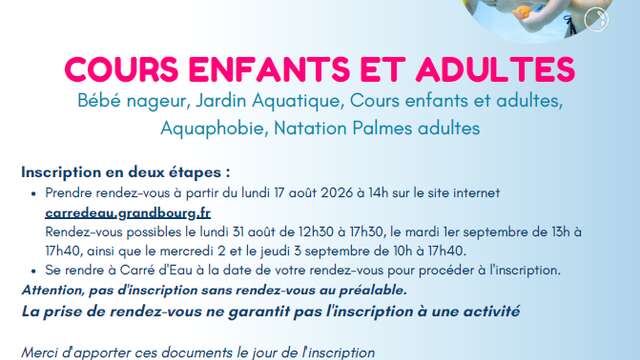 Ouverture de la prise de rendez-vous pour les inscriptions aux cours de natation à Carré d'eau.