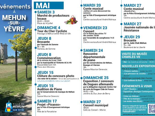 Programmation à Mehun-sur-Yèvre pour le mois de Mai