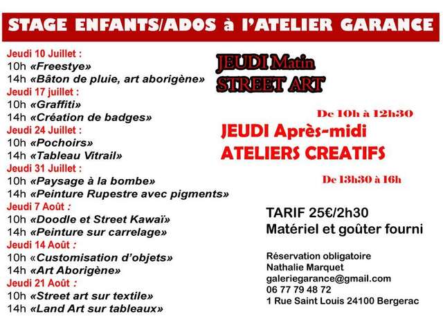 Stages enfants et ados à l'atelier Garance