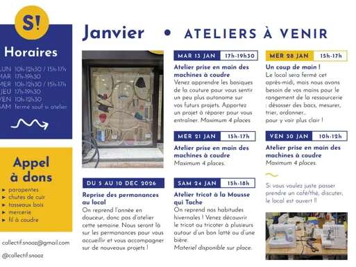 Ateliers couture, tricot… - collectif SNOOZ ( ateliers créatifs et pour le recyclage)