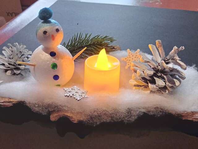 Atelier créatif autour du bois : Bonhomme de neige sur écorce illuminé
