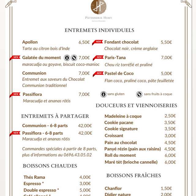 Carte du moment (Pâtisserie Hery)