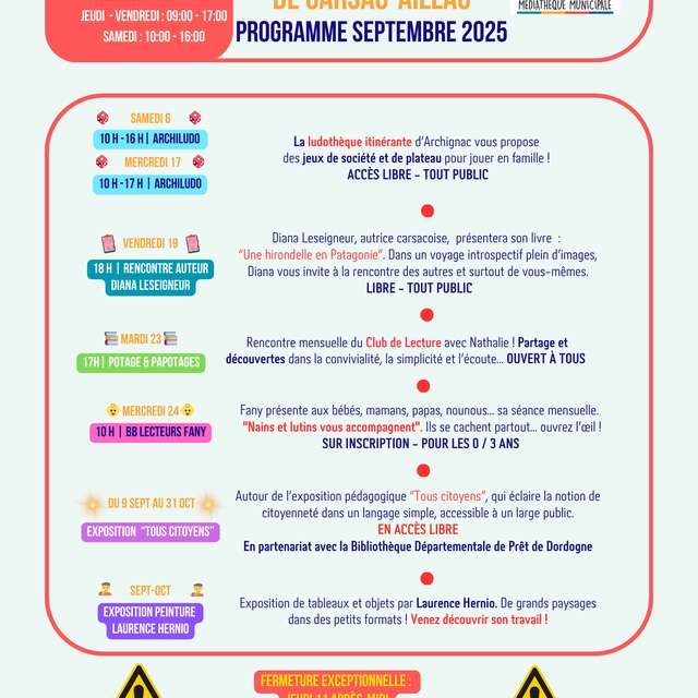 Médiathèque de Carsac Aillac programme septembre 2025