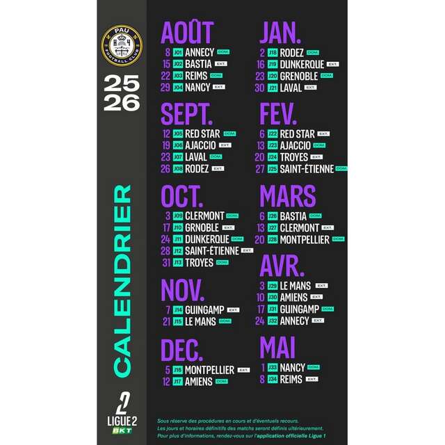Football - Calendrier PAU FC Ligue2 BKT - saison 2025-2026