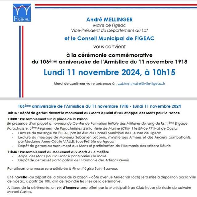 Figeac : Cérémonie de commémoration 106ème anniversaire de l’Armistice du 11 novembre 1918